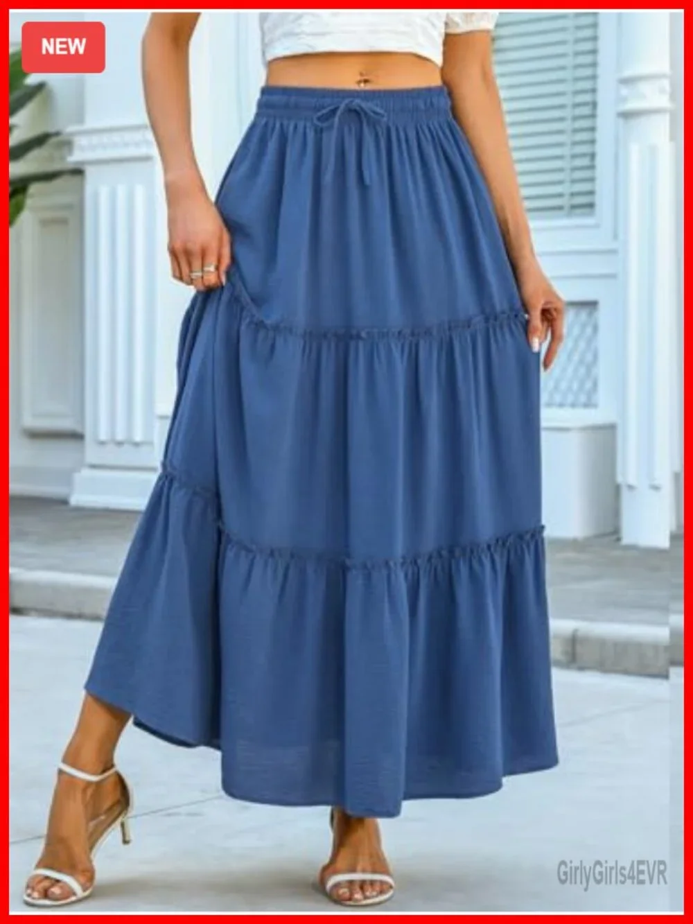 Women's Maxi Skirt High Waist Tie Flowy Tiered Ruffled Long Skirt with Pockets